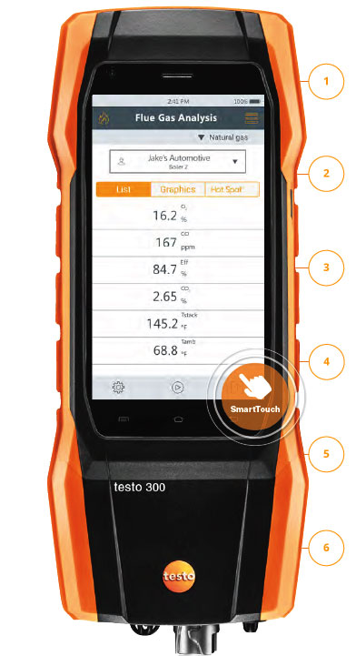 Testo 300 combustion analyzer SmartTouch Flue Gas Analysis with the SmartTouch icon
